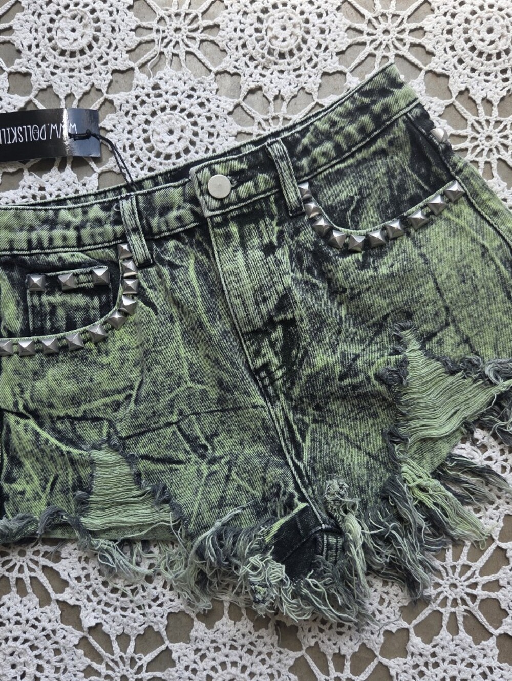 Dolls Kill Current Mood Green Acid Wash Studded Denim Shorts